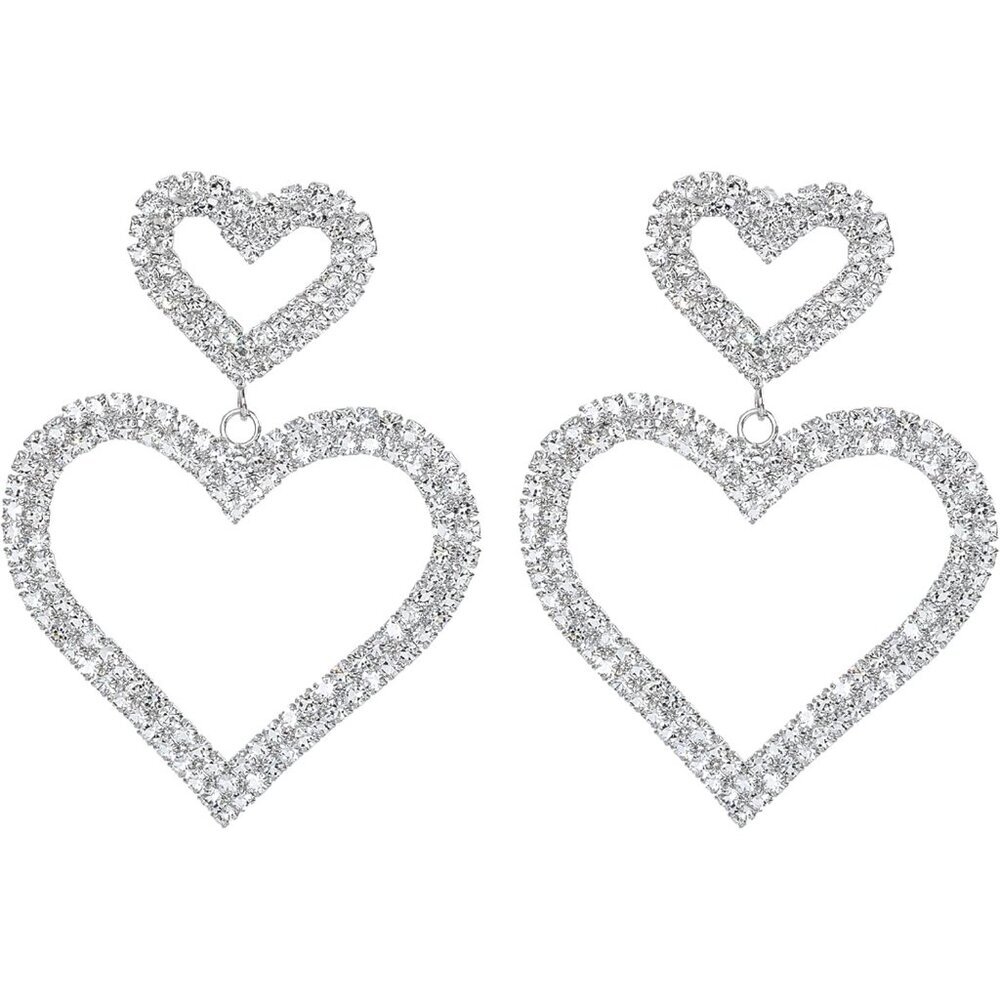 Heart Earrings for Women Trendy - Silver Heart Dangle Earrings with Diamond Like